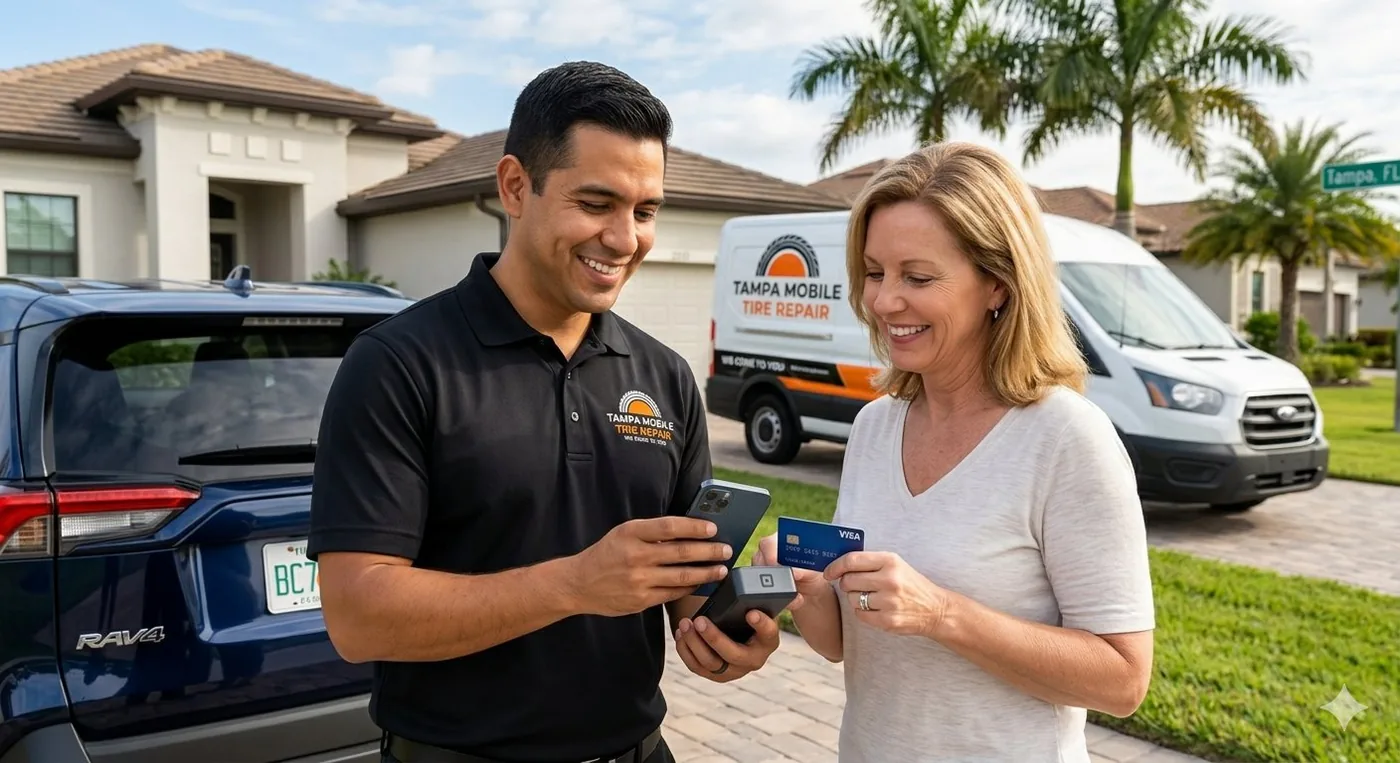 Tampa Mobile Tire Repair technician completing service with happy customer beside branded service van