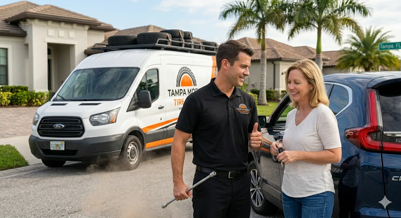 Tampa Mobile Tire Repair technician giving thumbs up to happy customer beside service van in Tampa driveway