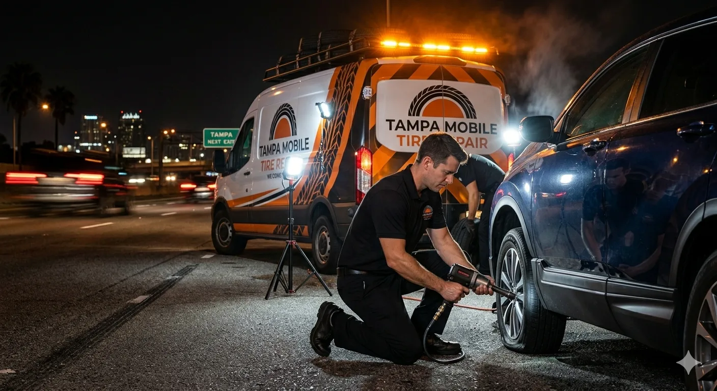 Tampa Mobile Tire Repair technician working on roadside tire repair at night on Tampa highway with service van and warning lights